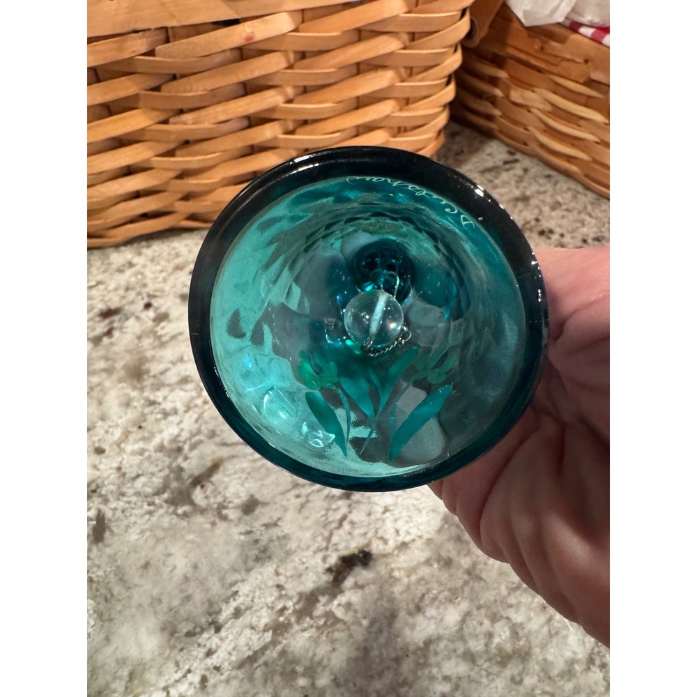 Vintage Fenton Teal Blue Glass Bell Hand Painted Floral Diamond Optic Signed - Picture 8 of 10